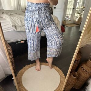 Surf Gypsy Women’s Medium Blue Patterned Tassel Flare Pants Boho